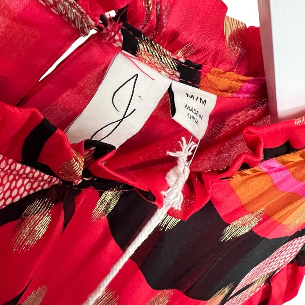 New JOIE Multicolored Ruffle Mandarin Collar Puff Sleeve Blouse Gold Accent Sz M - Picture 10 of 12